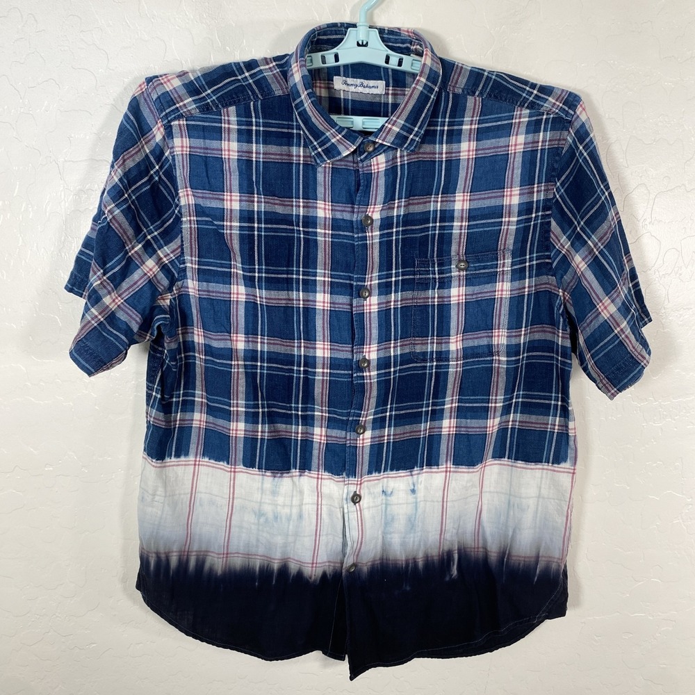 Tommy‎ Bahama Shirt Mens Large Blue Pink Plaid Short Sleeve Button Up Dip Dye